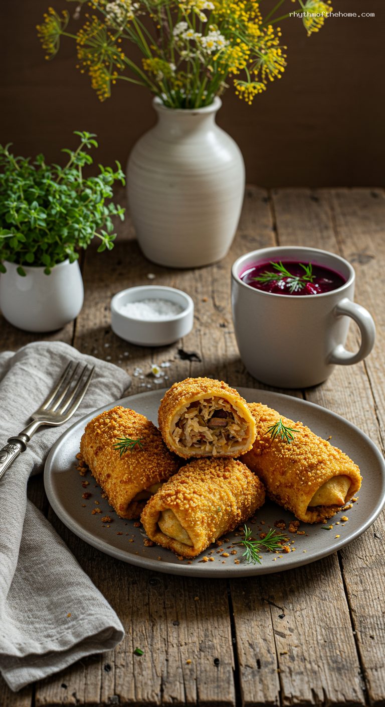 Crispy Breaded Crepes with Sauerkraut and Wild Mushrooms