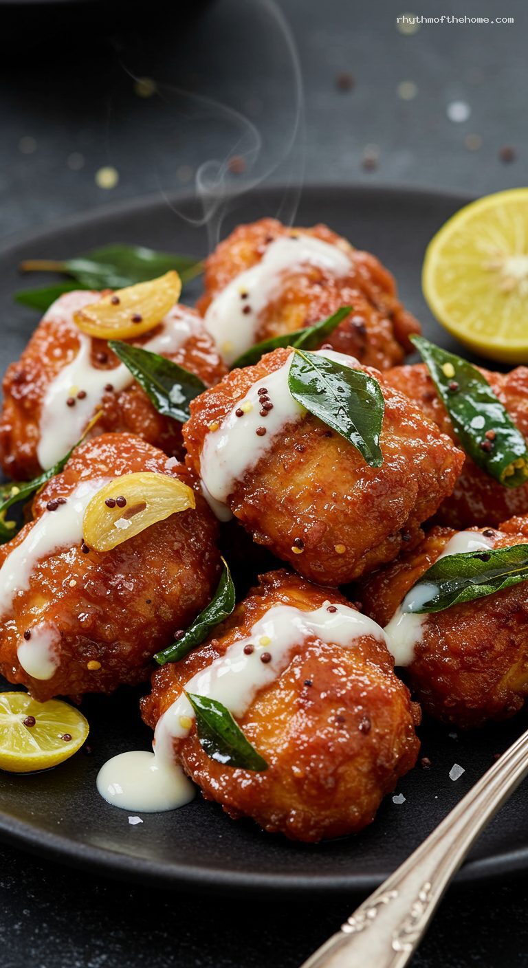 Crispy Chicken 65 with Yogurt Lemon Glaze – Closeup