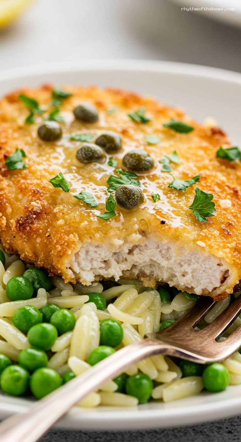 Crispy Chicken Cutlets with Lemon Caper Butter over Orzo – Closeup