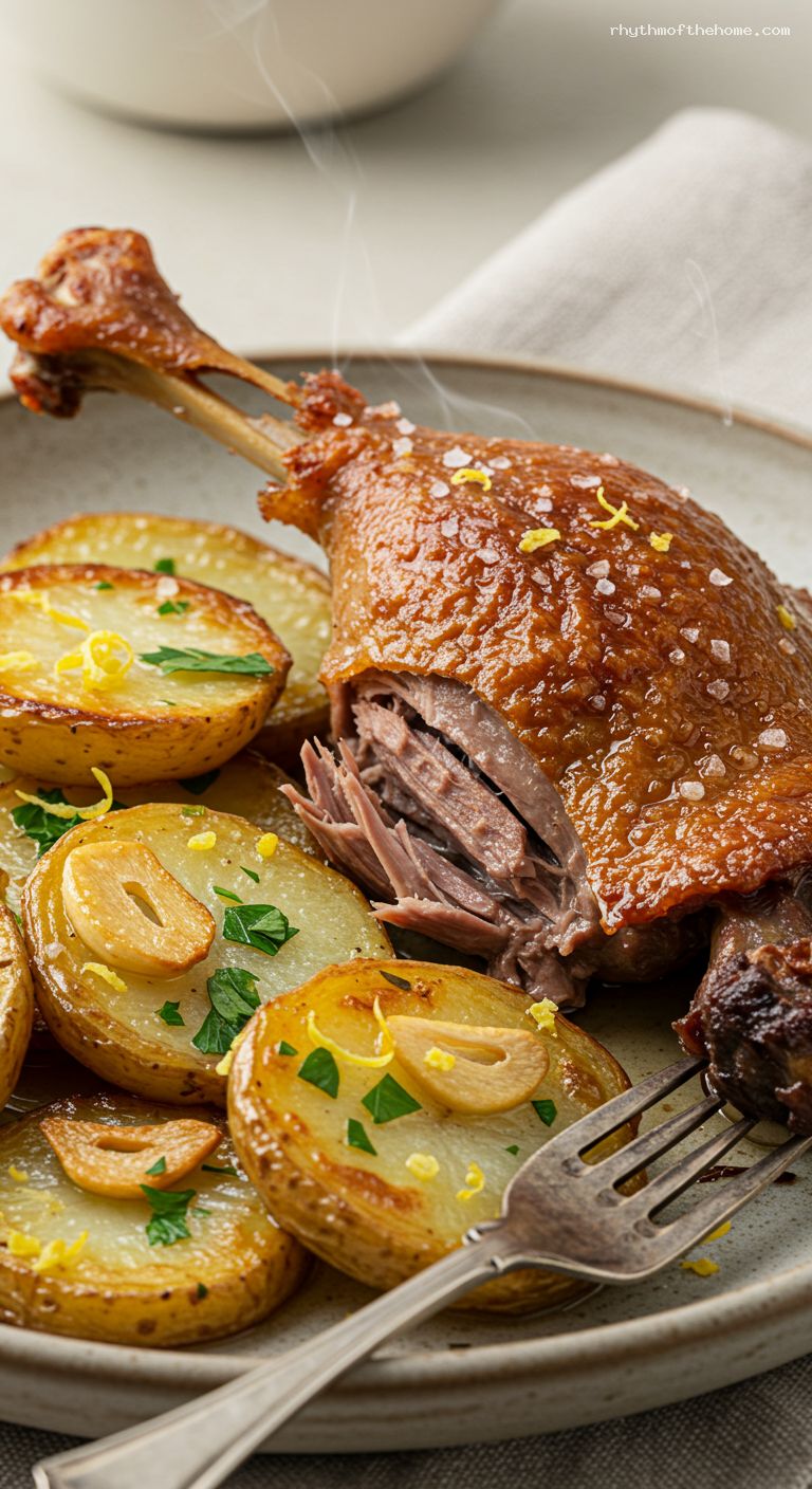 Crispy Confit Duck Legs with Garlic Potatoes – Closeup