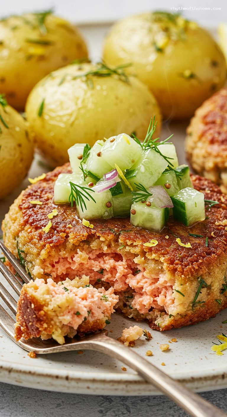 Crispy Dill Salmon Cakes with Quick Pickle Relish – Closeup