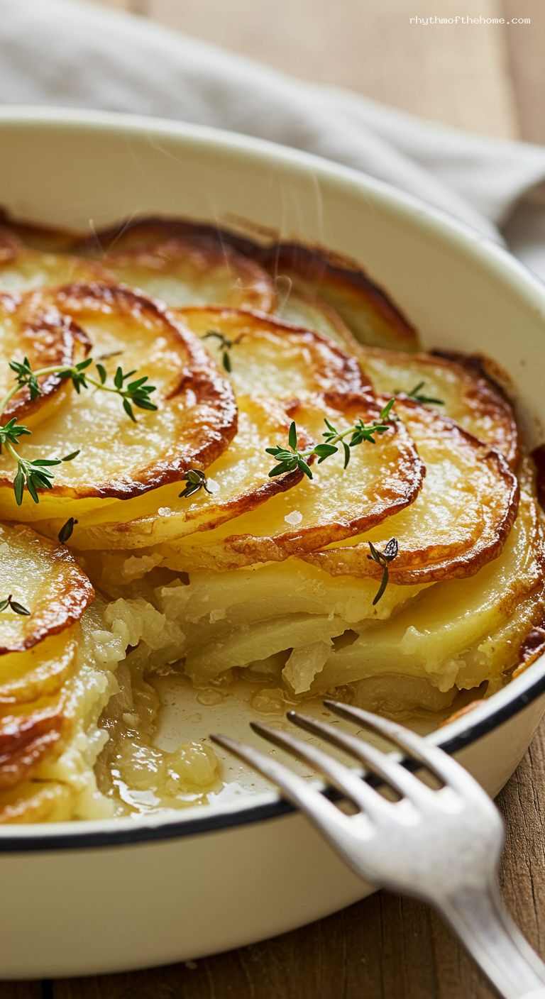 Crispy-Edged Pommes Boulangère with Thyme and Onions – Closeup