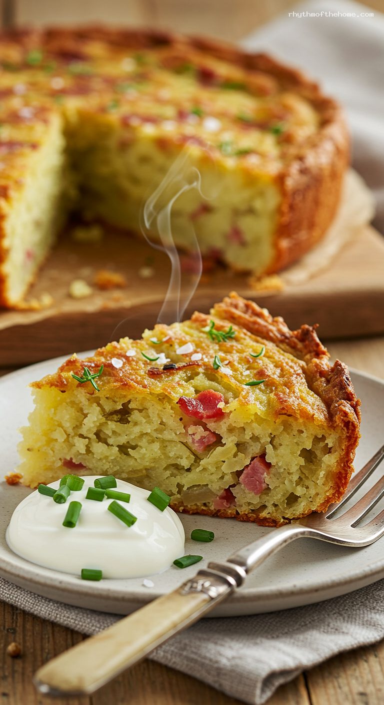 Crispy-Edged Potato Babka with Bacon and Onion – Closeup