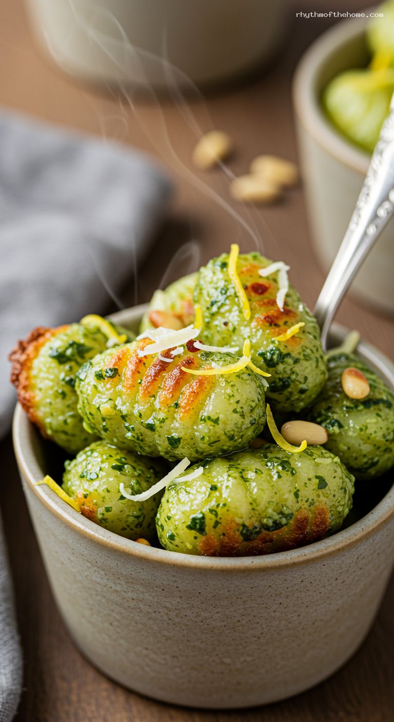 Crispy Gnocchi Pesto Cups with Lemon – Closeup