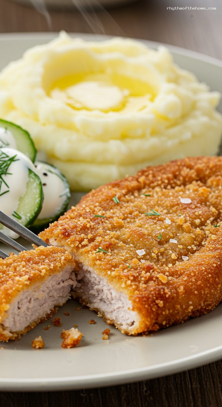 Crispy Kotlet Schabowy with Mizeria and Mash – Closeup