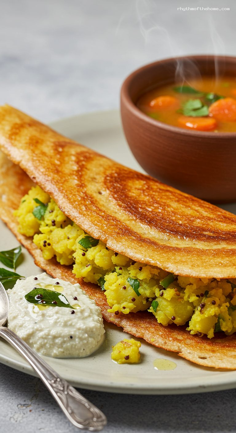 Crispy Masala Dosa with Coconut Chutney and Sambar – Closeup