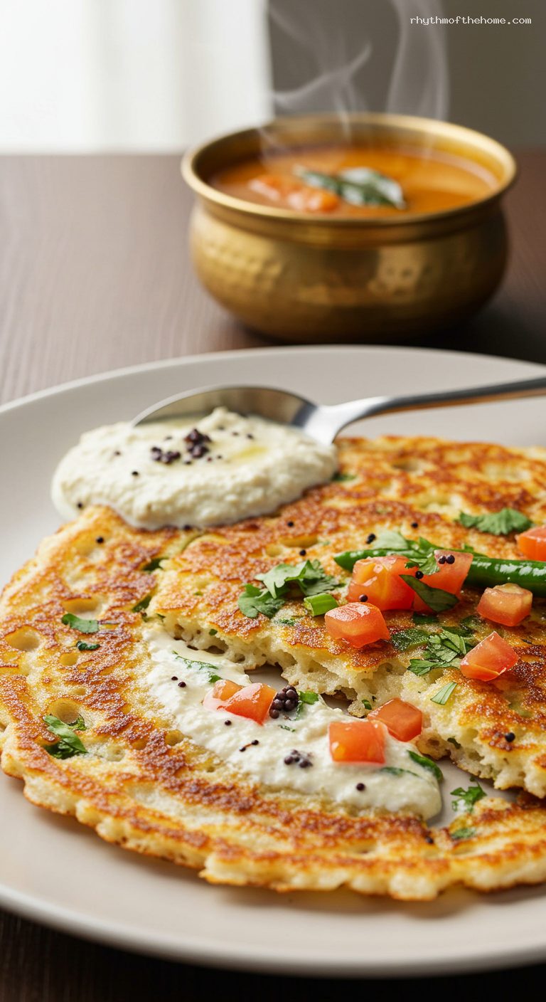 Crispy Onion-Tomato Uttapam with Coconut Chutney – Closeup