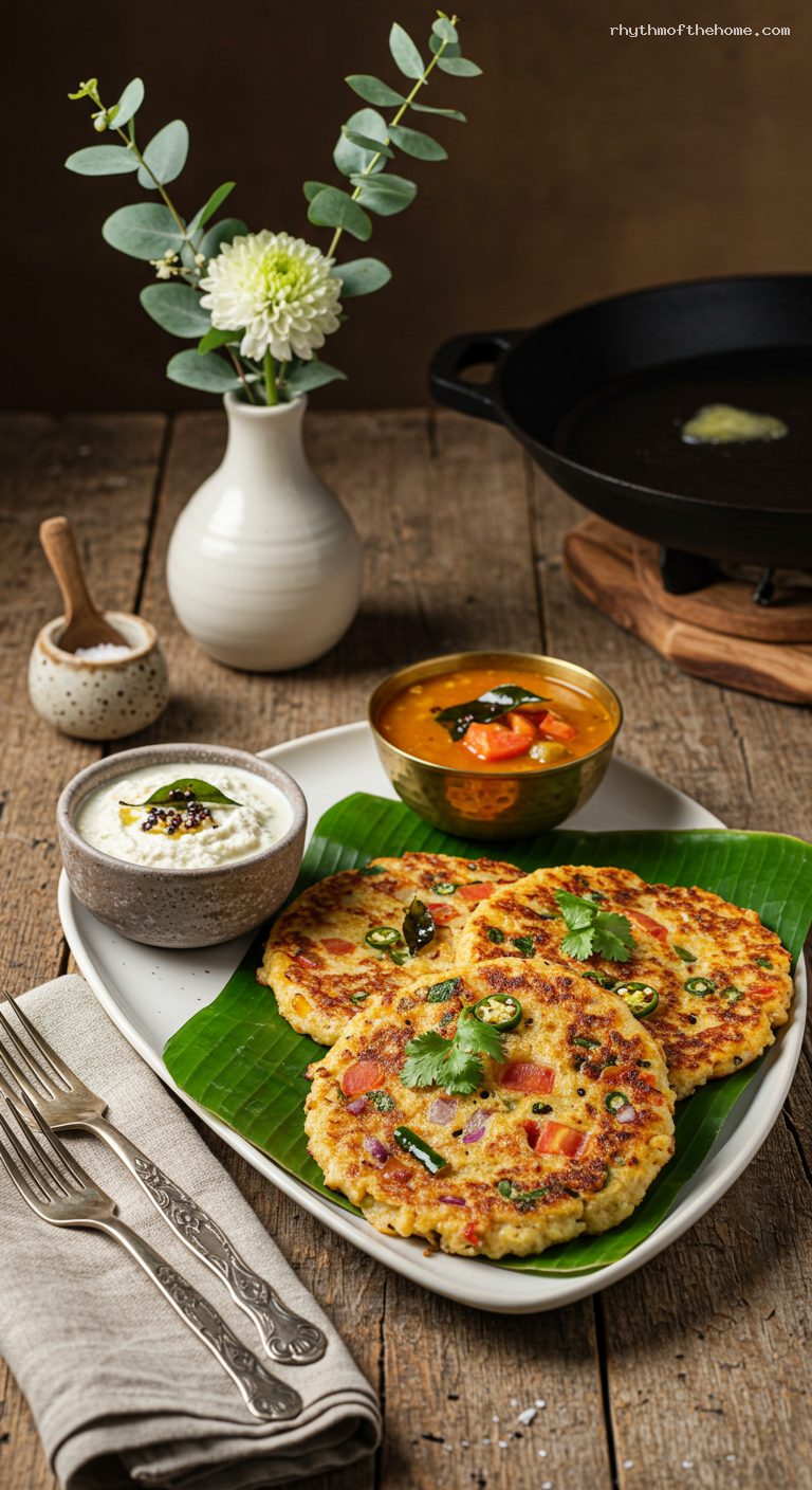 Crispy Onion-Tomato Uttapam with Coconut Chutney