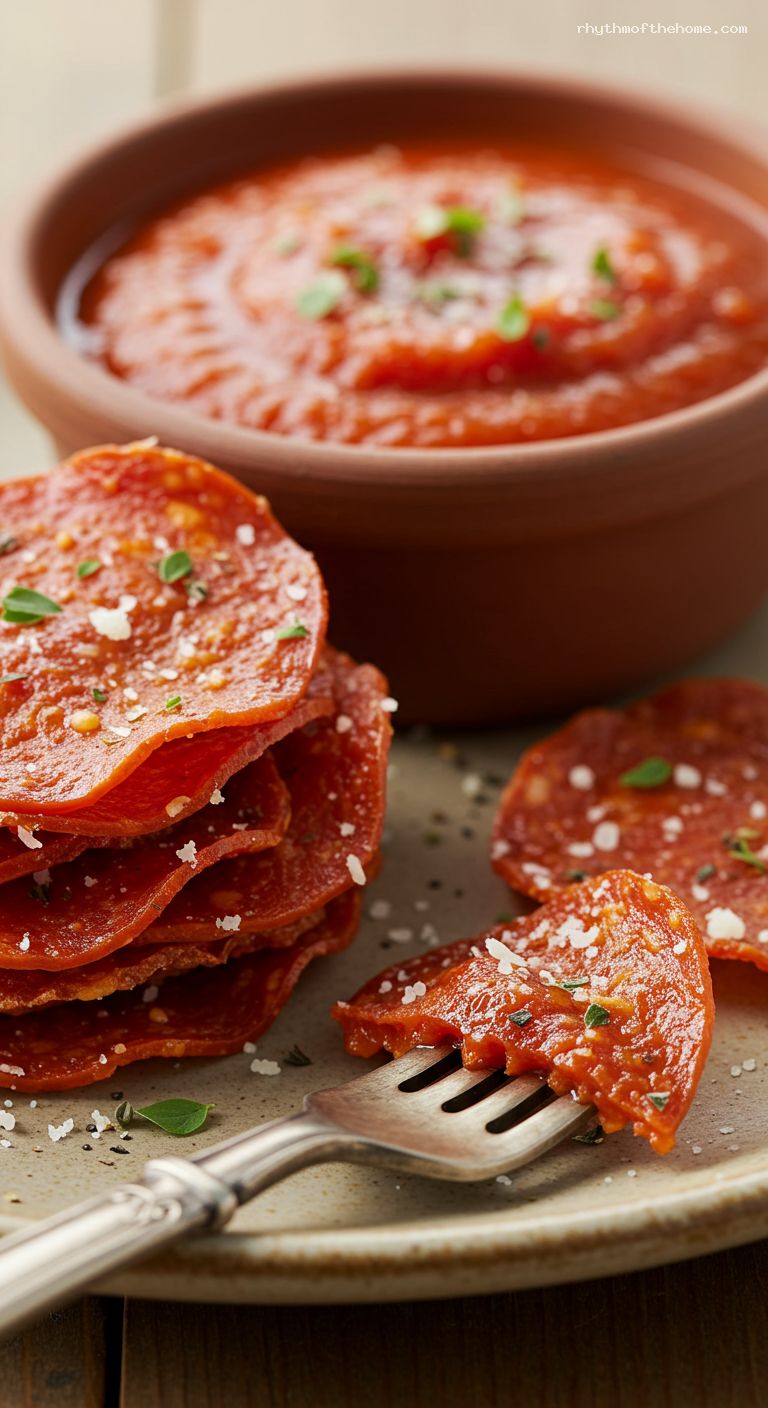 Crispy Pepperoni Chips with Warm Marinara – Closeup