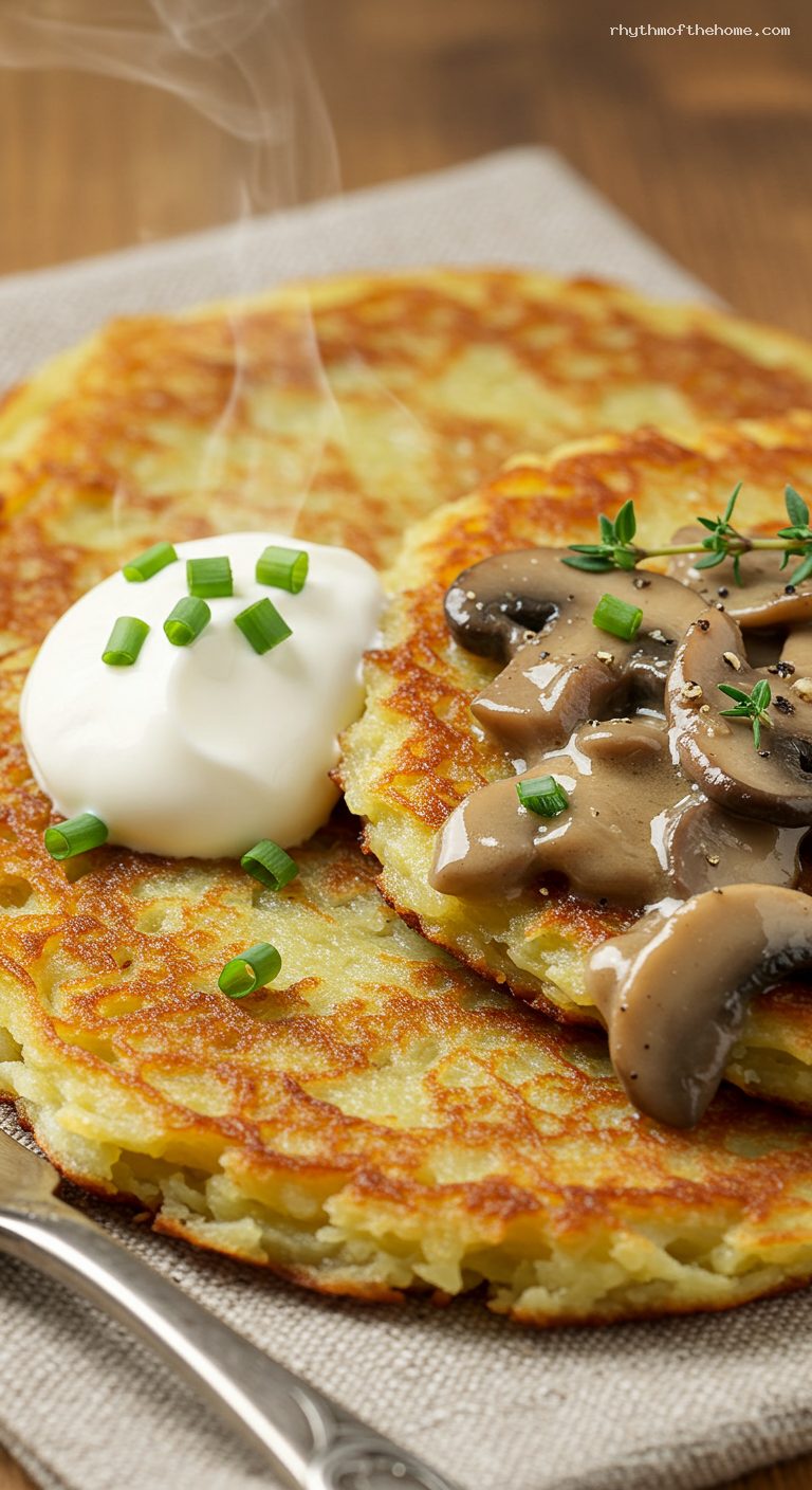 Crispy Polish Potato Pancakes with Sour Cream or Mushroom Gravy – Closeup