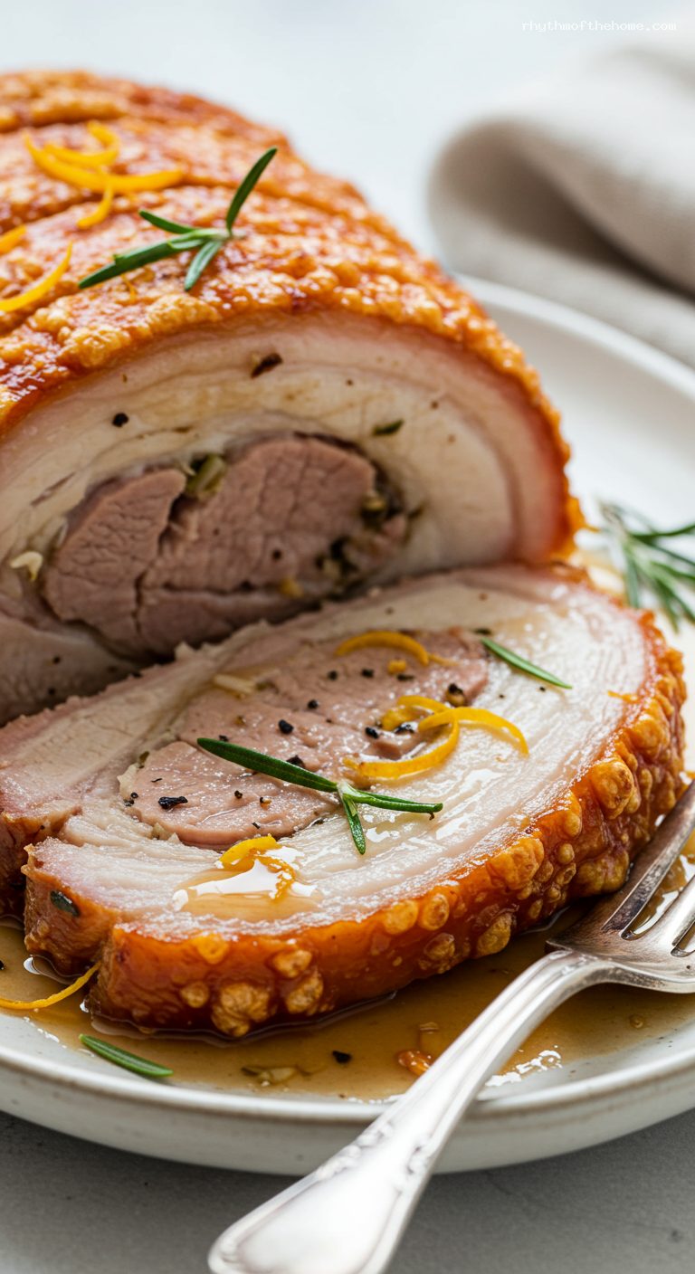 Crispy Porchetta al Forno with Fennel and Orange – Closeup