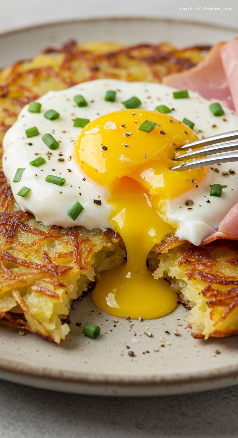 Crispy Potato Rösti with Ham, Fried Egg, and Herby Sour Cream – Closeup