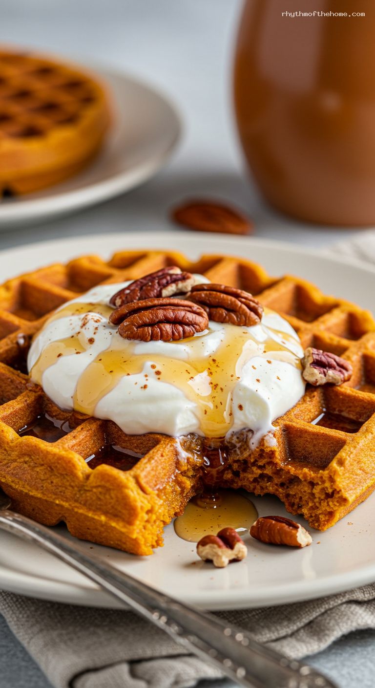 Crispy Pumpkin Spice Waffles with Yogurt Maple and Pecans – Closeup