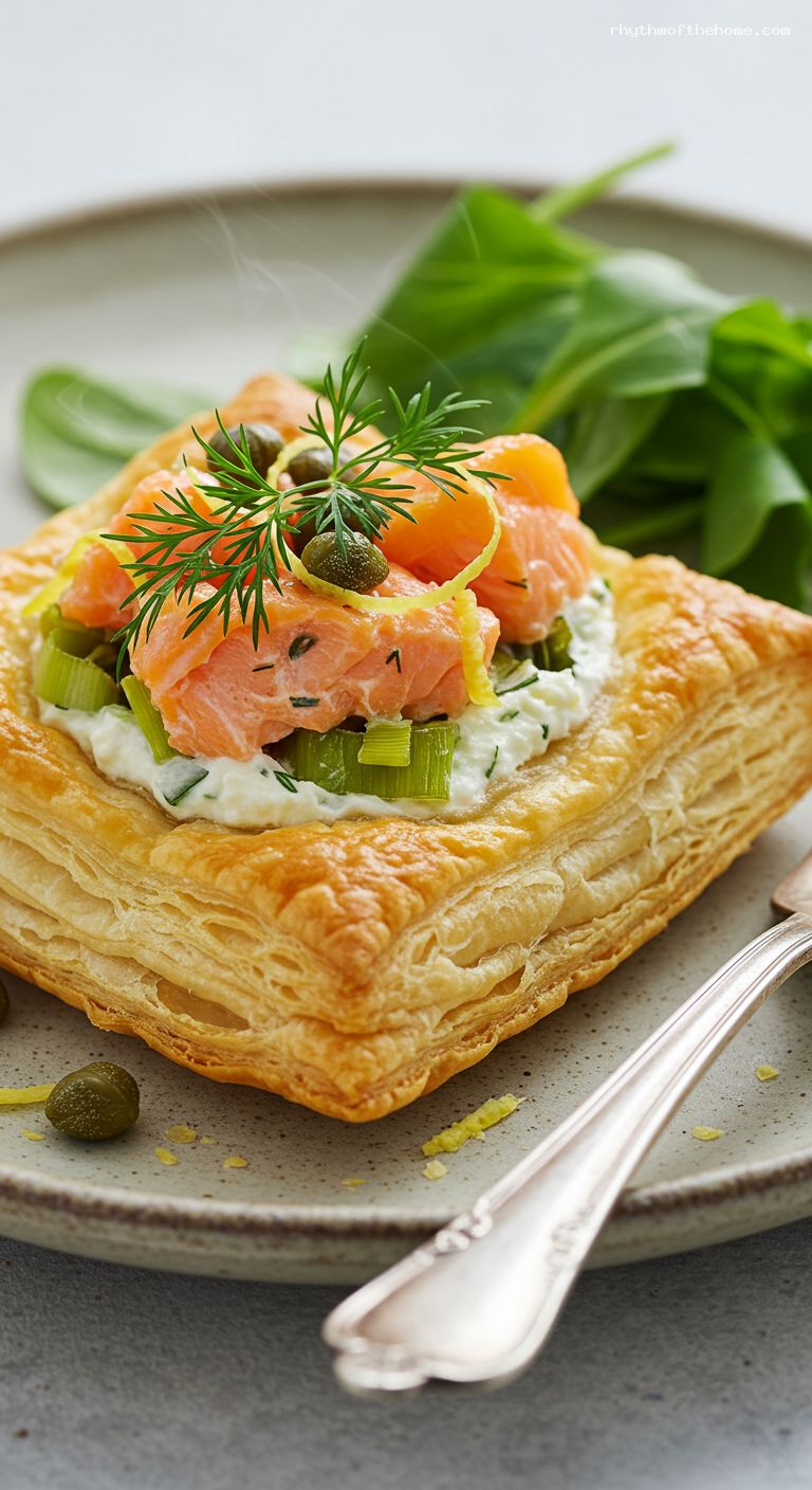 Crispy Salmon and Leek Puff Pastry Squares – Closeup