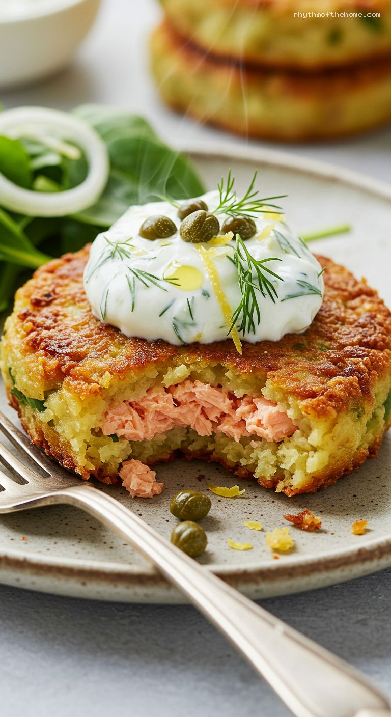 Crispy Salmon Potato Cakes with Dill and Lemon – Closeup