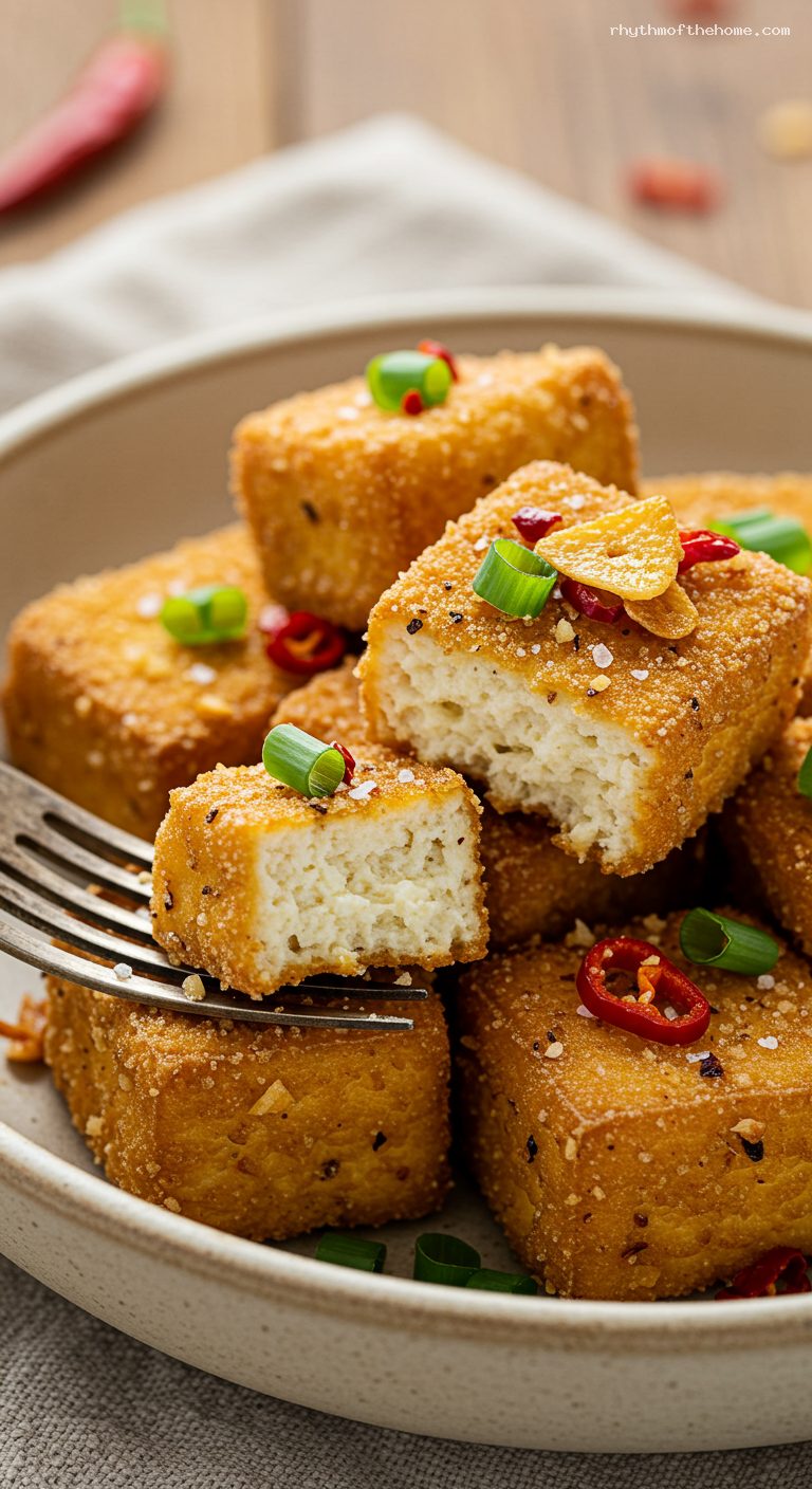 Crispy Salt-and-Pepper Tofu with Chilies and Scallions – Closeup