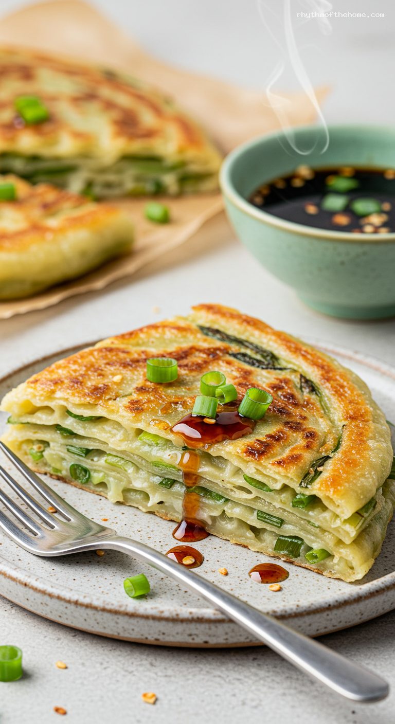 Crispy Scallion Pancakes with Soy-Vinegar Dipping Sauce – Closeup