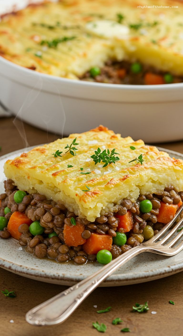 Crispy-Topped Lentil Shepherd’s Pie with Rosemary Gravy – Closeup