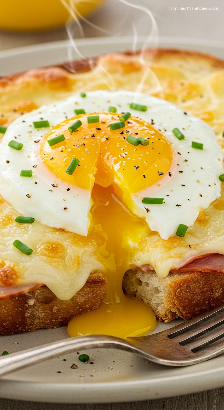 Croque Madame on Buttery Sourdough with Runny Egg – Closeup