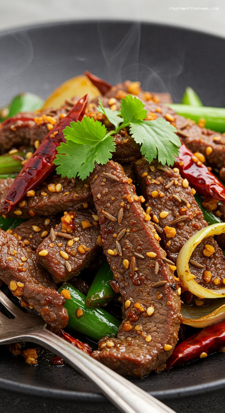 Cumin Lamb Stir-Fry with Chilies and Sichuan Peppercorns – Closeup