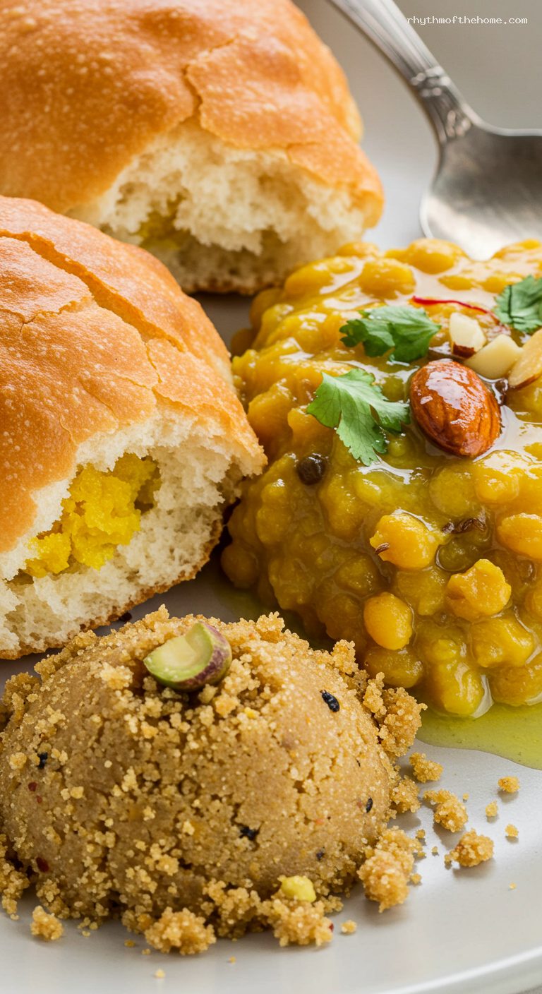 Dal Baati Churma with Ghee-Tadka Dal and Churma – Closeup