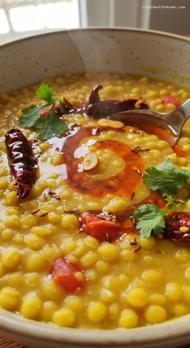 Dal Tadka with Garlic-Chili Ghee Tadka – Closeup