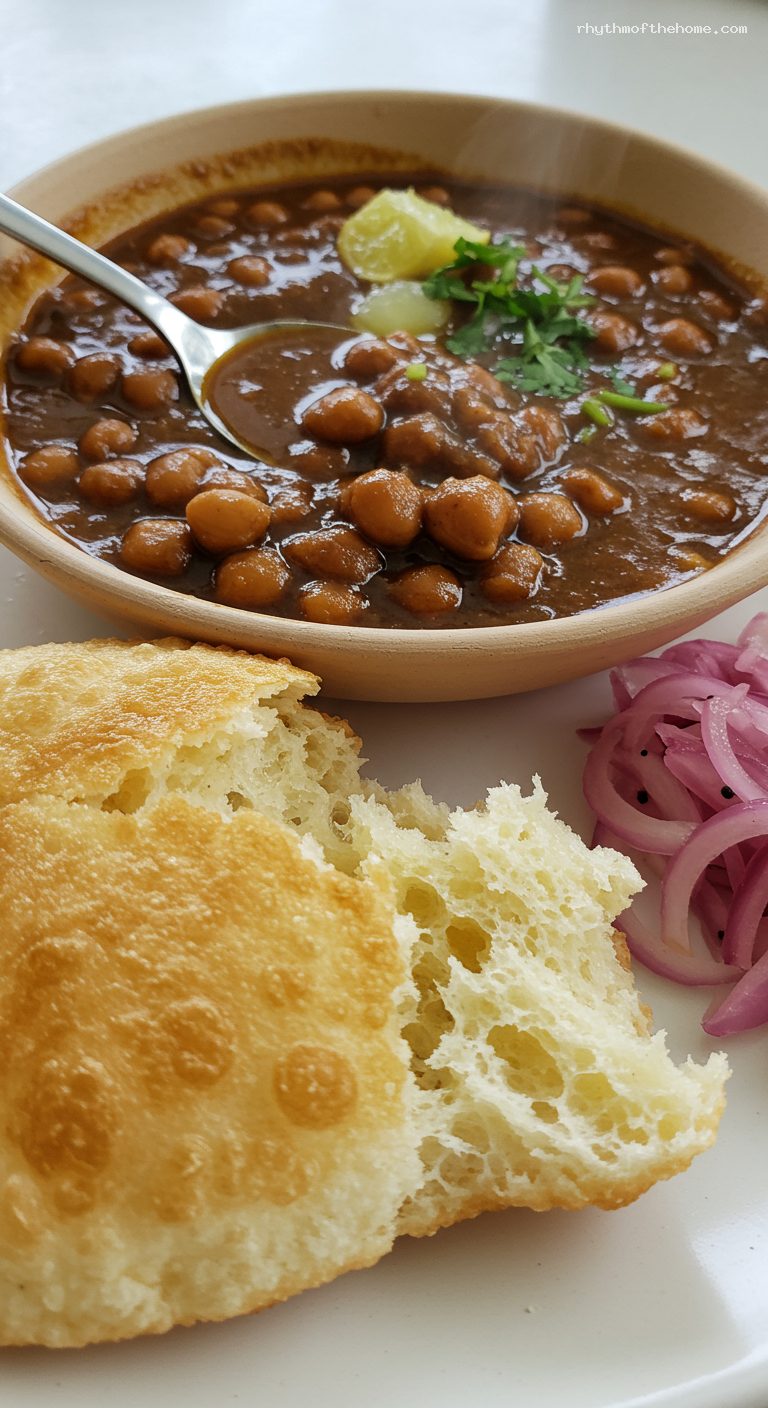 Delhi-Style Chole Bhature with Tangy Dark Gravy – Closeup