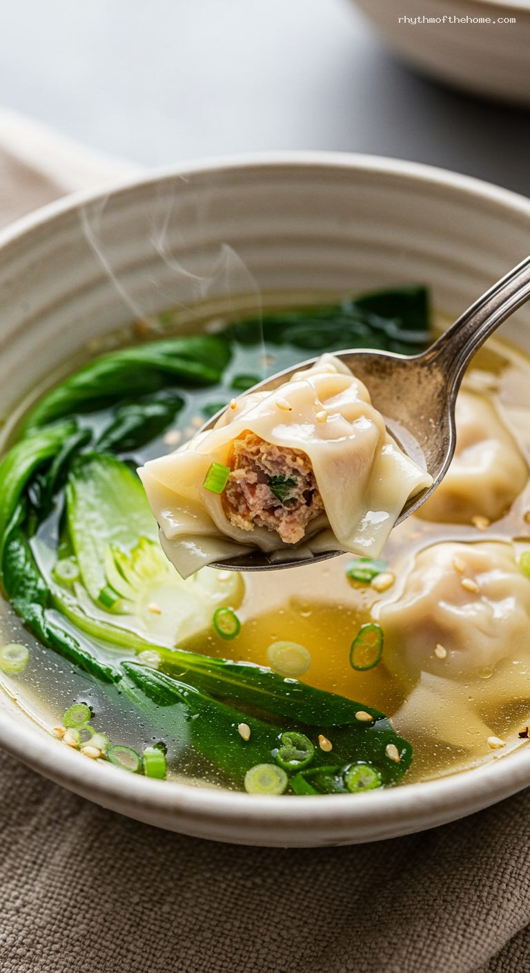 Delicate Pork and Shrimp Wonton Soup – Closeup