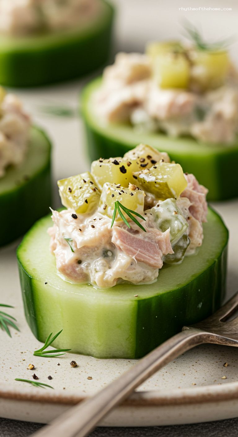 Dill Pickle Tuna Cucumber Boats – Closeup