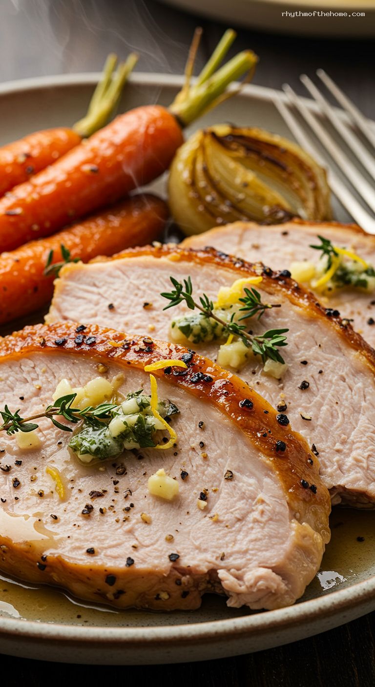 Dry-Brined Roast Turkey with Herbed Butter and Pan Juices – Closeup