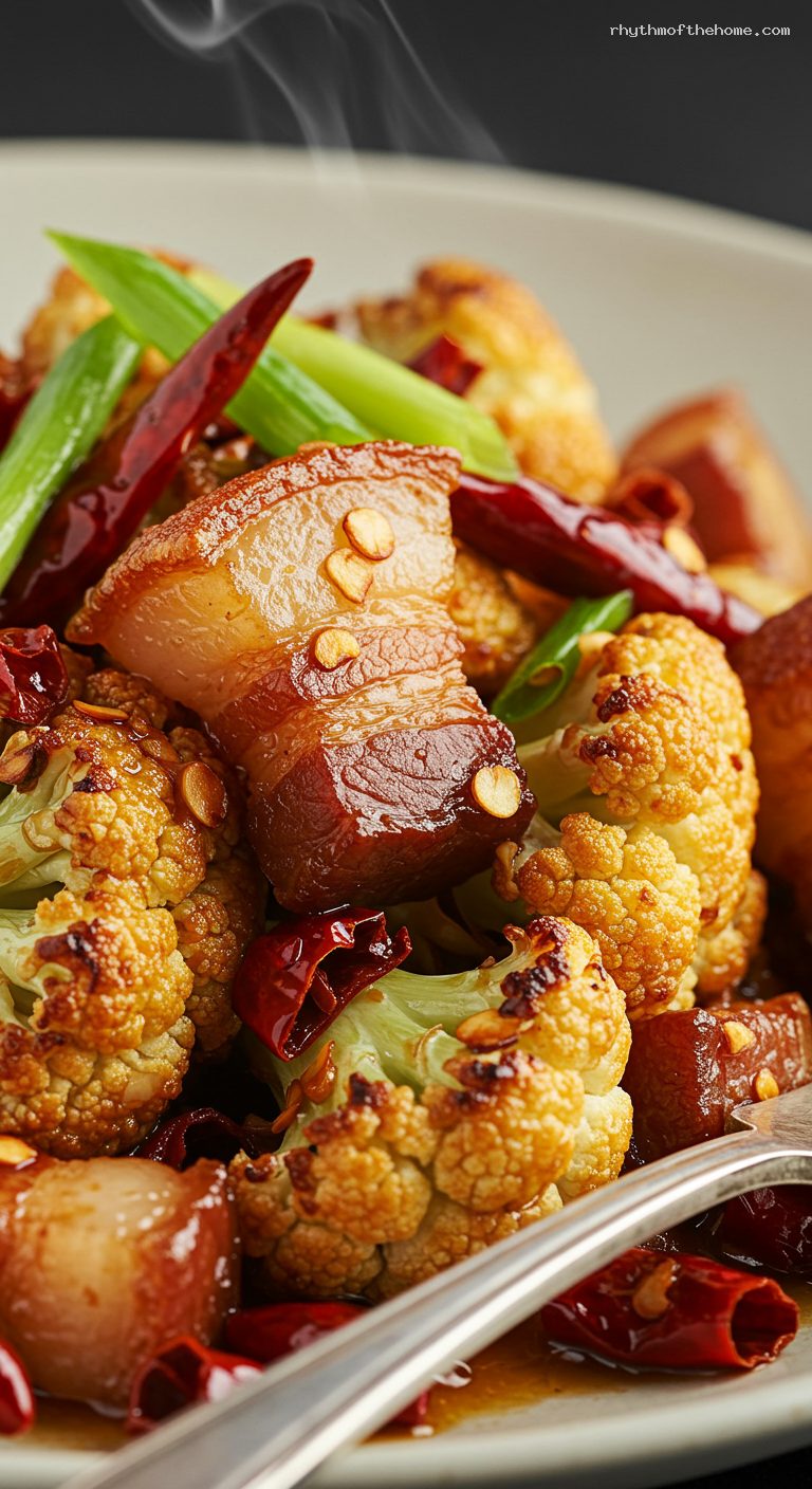 Dry-Pot Cauliflower with Pork Belly and Chilies – Closeup