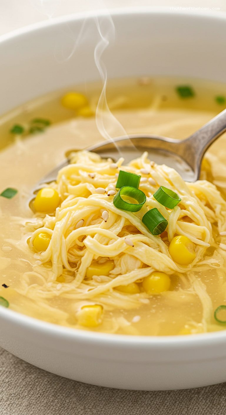 Egg Drop Corn Soup with Scallions and White Pepper – Closeup