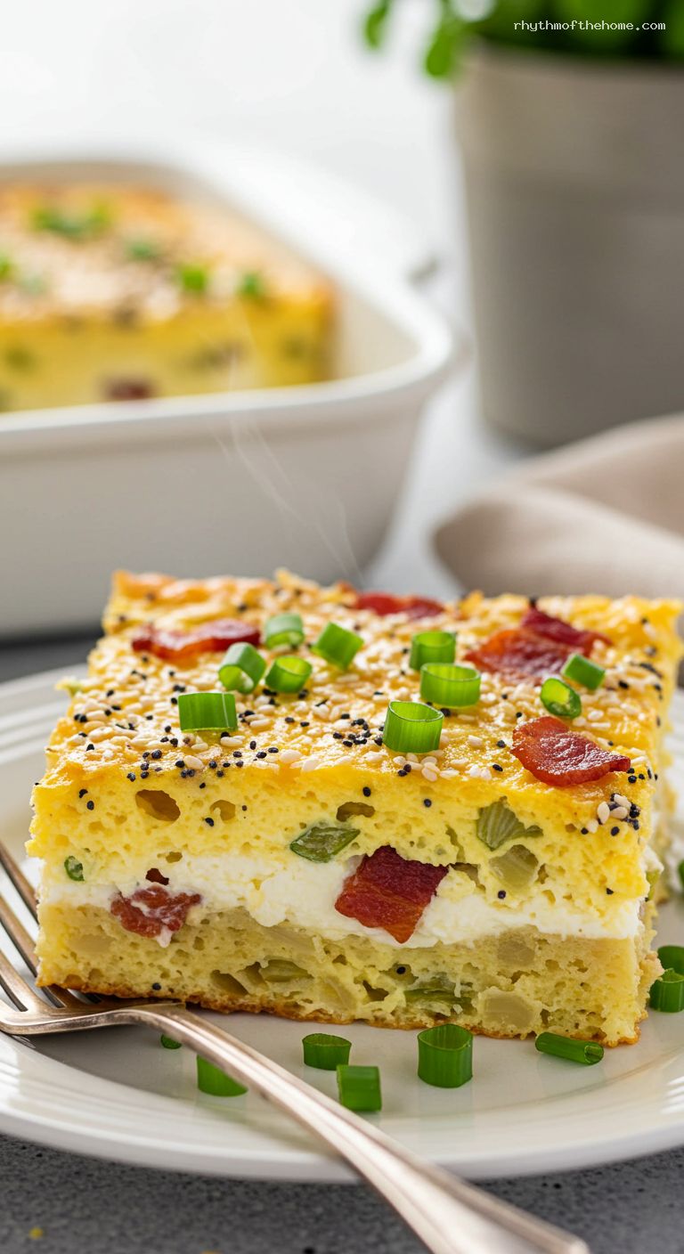 Everything Bagel Strata with Bacon and Scallions – Closeup