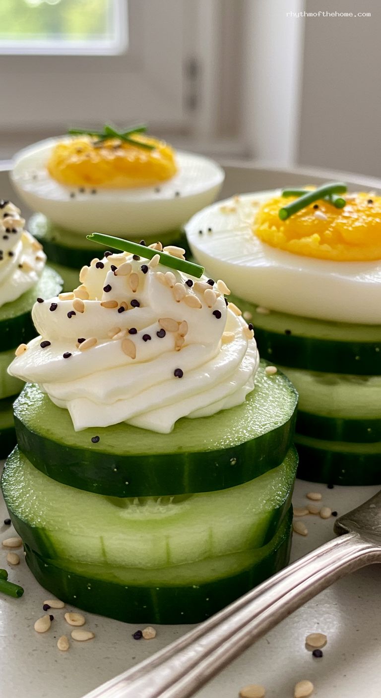 Everything-Seasoned Cucumber Stacks with Whipped Cream Cheese – Closeup