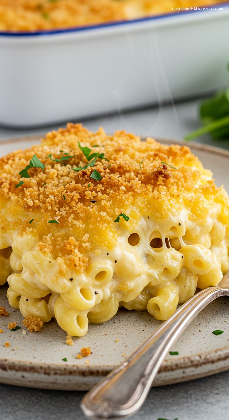 Extra-Creamy Three-Cheese Baked Mac and Cheese – Closeup