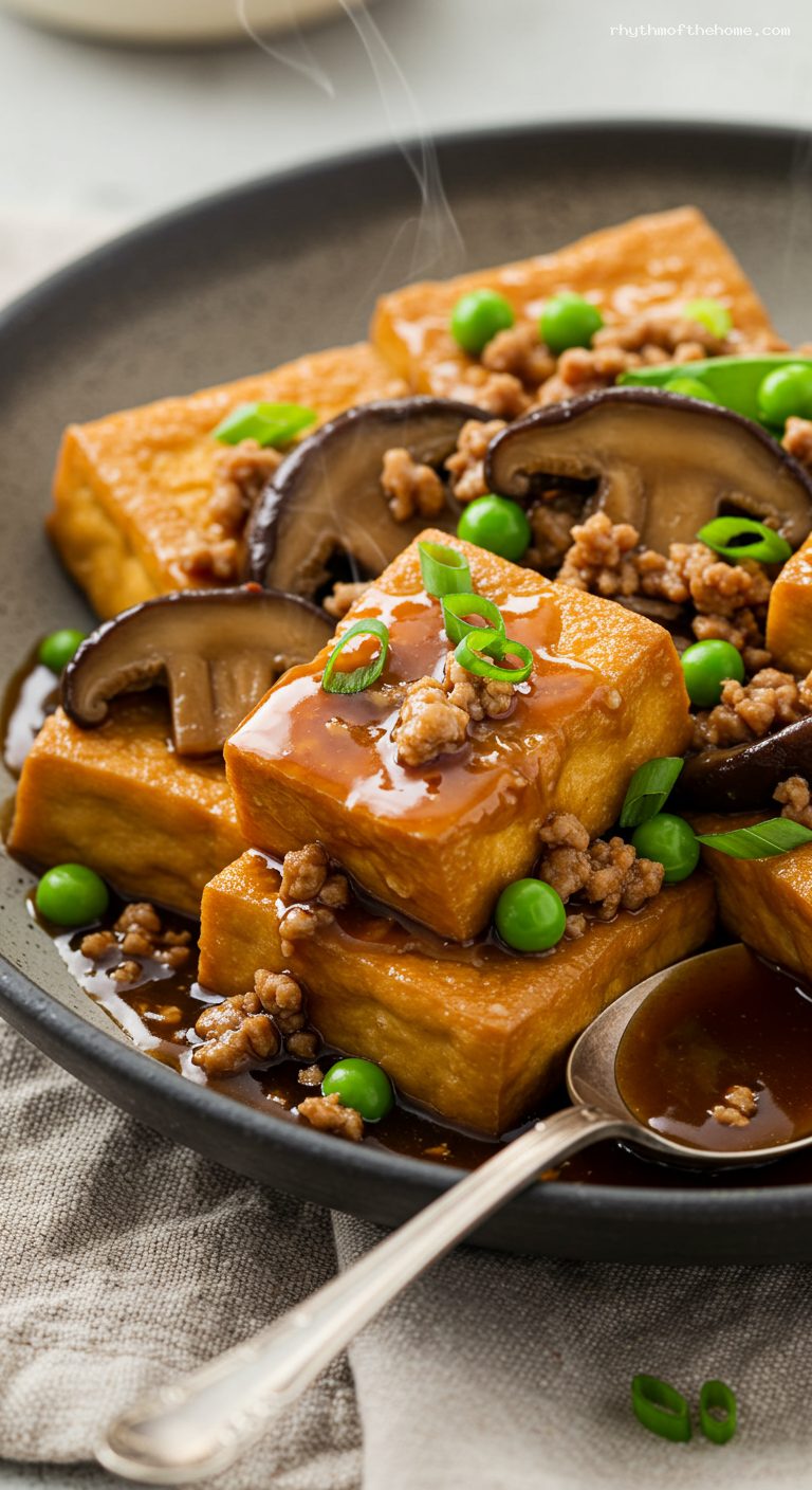 Family-Style Braised Tofu with Shiitakes and Pork – Closeup