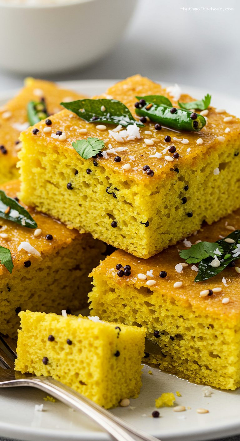 Fluffy Khaman Dhokla with Mustard Tempering – Closeup