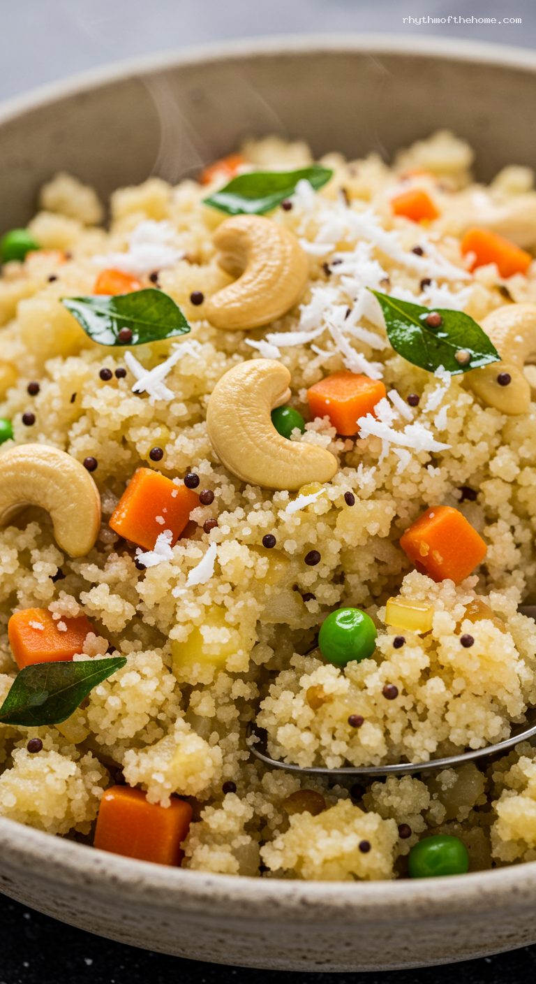 Fluffy Rava Upma with Veggies and Coconut – Closeup