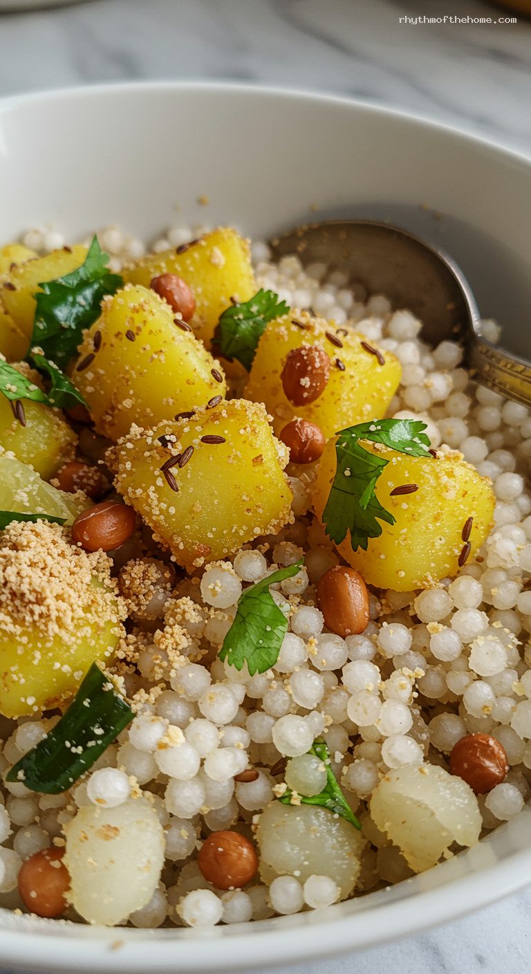 Fluffy Sabudana Khichdi with Peanuts and Potatoes – Closeup