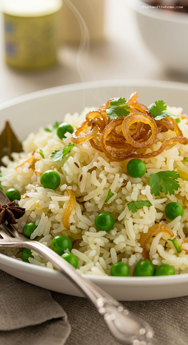 Fragrant Matar Pulao with Peas and Ghee-Fried Onions – Closeup