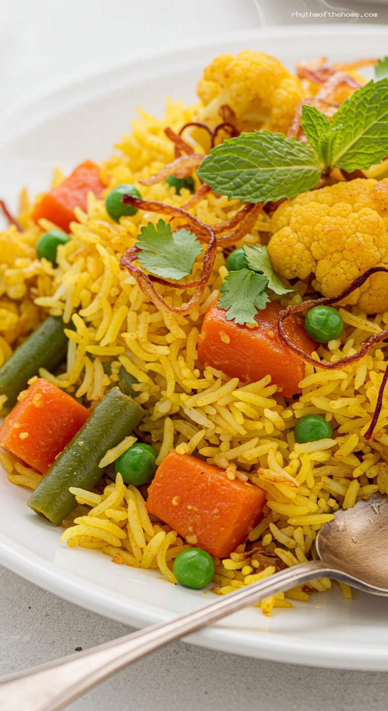 Fragrant Vegetable Biryani with Cucumber Raita – Closeup