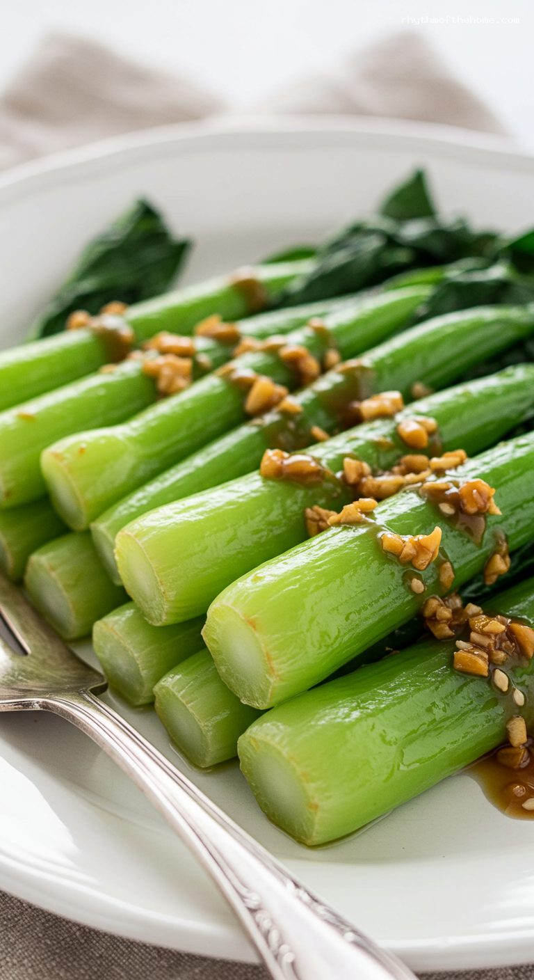 Gai Lan with Oyster Sauce and Garlic Oil – Closeup