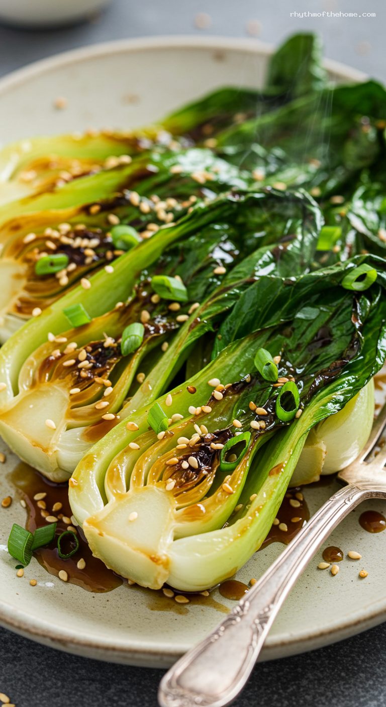 Garlic Baby Bok Choy with Oyster Sauce – Closeup