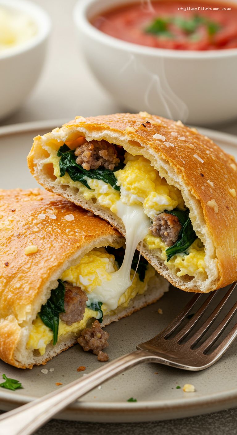 Garlic Butter Breakfast Calzones with Sausage and Spinach – Closeup