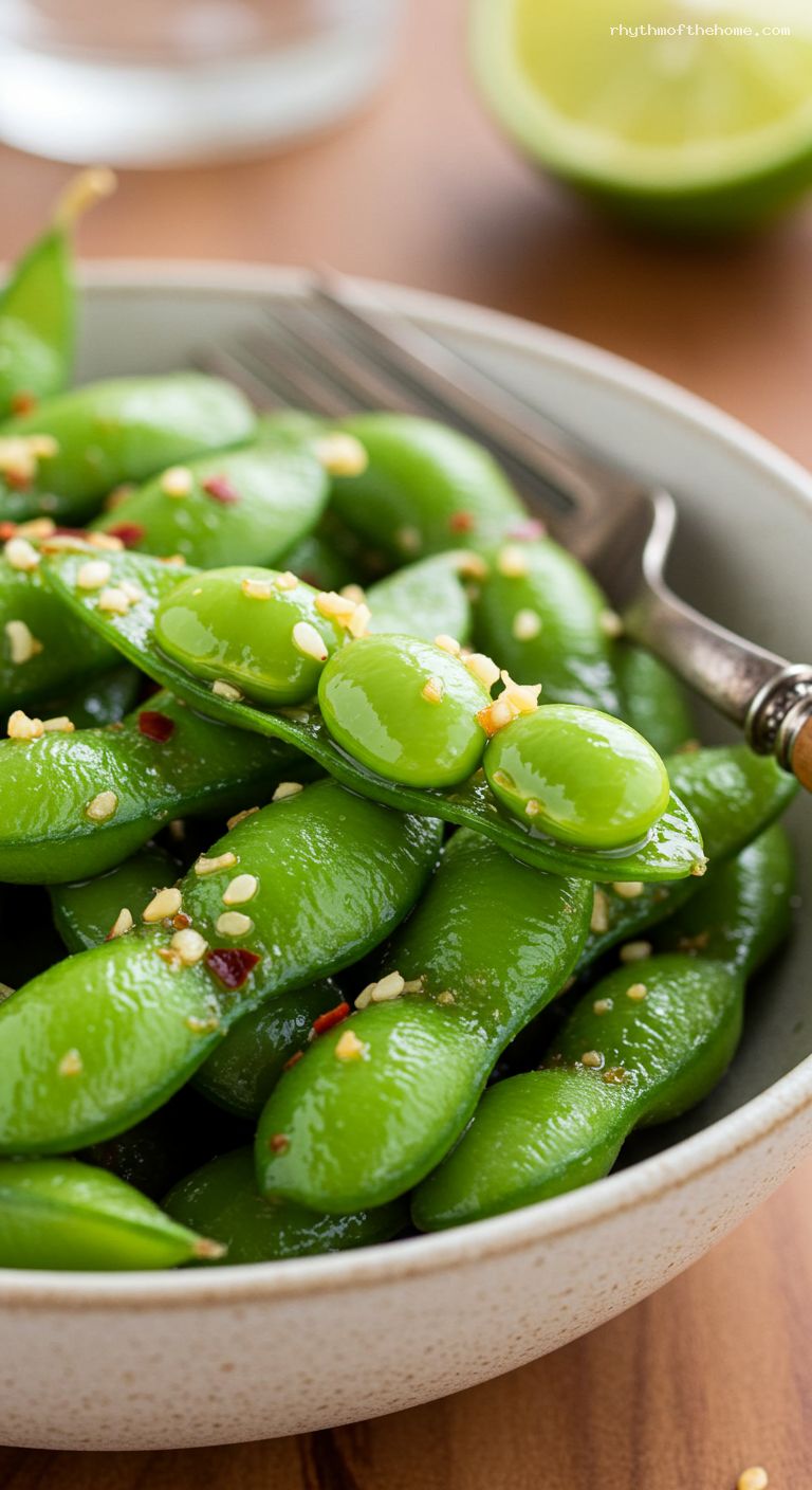 Garlic-Lime Edamame with Sesame and Chili – Closeup