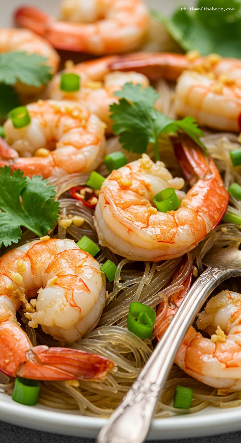 Garlic Vermicelli Steamed Shrimp with Soy and Sizzling Oil – Closeup