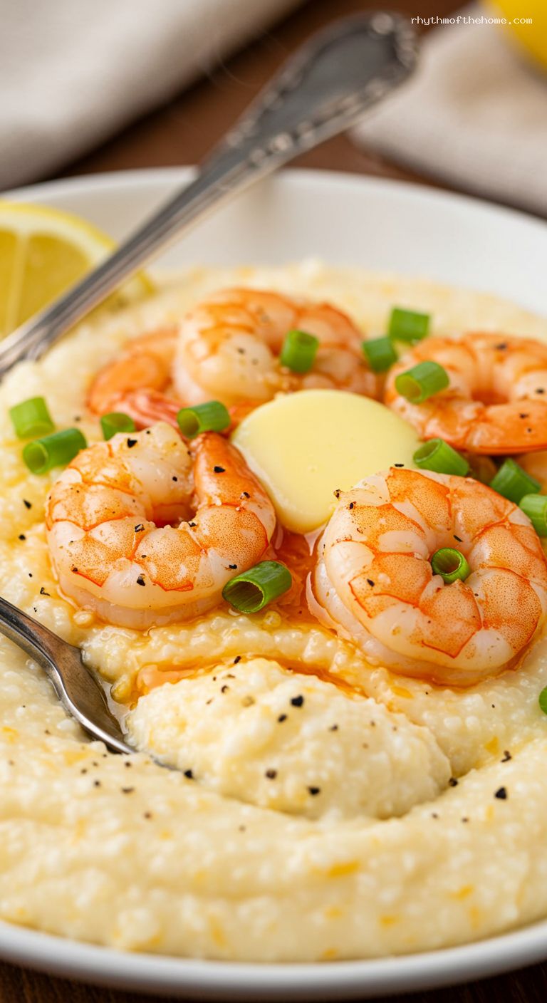 Garlicky Shrimp and Cheddar Grits with Hot Sauce Butter – Closeup