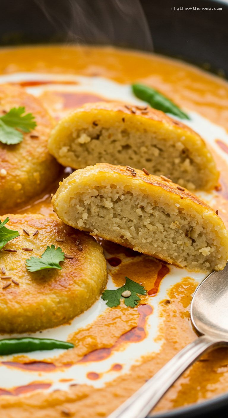 Gatte ki Sabzi in Tangy Yogurt-Tomato Gravy – Closeup