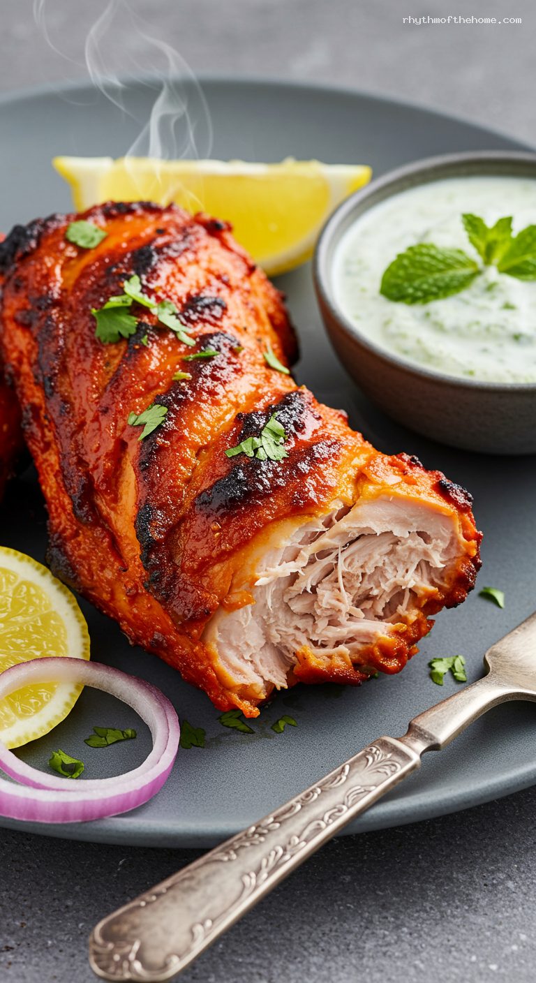 Ghee-Brushed Tandoori Chicken with Mint Chutney – Closeup