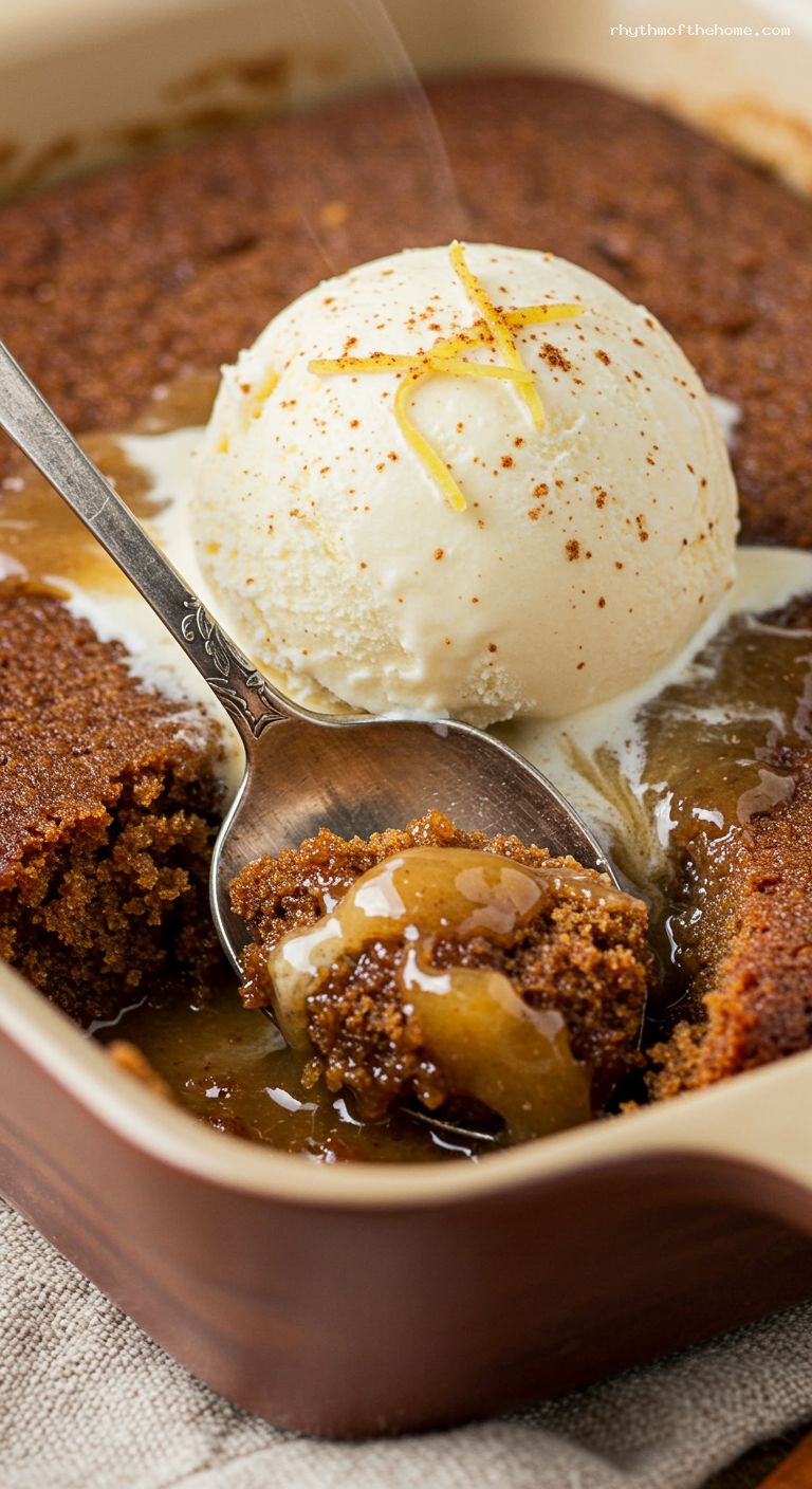 Ginger Molasses Pudding Cake with Cider Sauce – Closeup